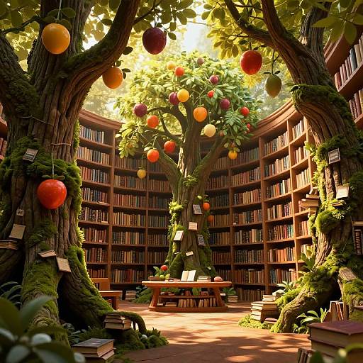Enchanted 3D Library with Tree Books