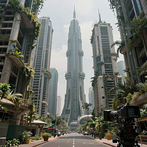 Photograph of a futuristic city street flanked by towering skyscrapers, with a central, uniquely curved high-rise dominating the skyline. Lush green