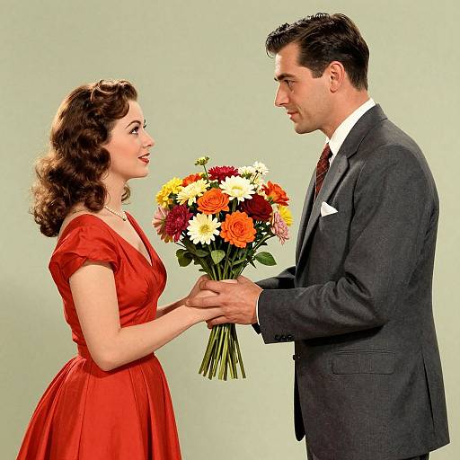 Vintage-style photograph of a smiling woman in a red dress and a man in a gray suit, holding a colorful bouquet of flowers, facing each other against