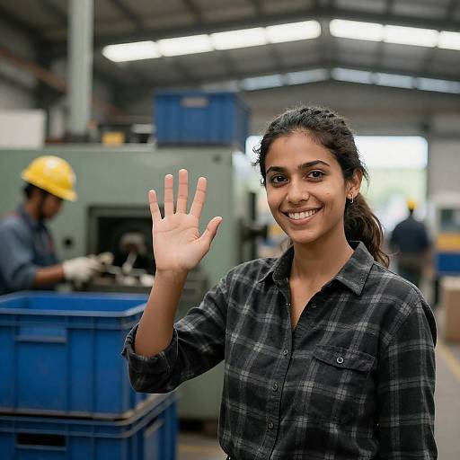 Smiling Woman Waving in Busy Factory