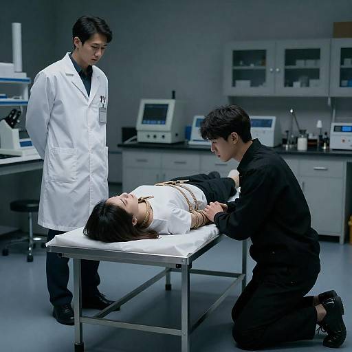 Laboratory Scene with Concerned Men and Bound Woman