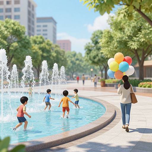 Children Playing at Water Fountain Plaza
