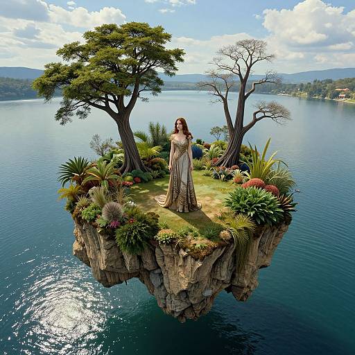 Digital artwork: Woman in flowing white dress stands on floating island with trees and plants, surrounded by calm blue lake.