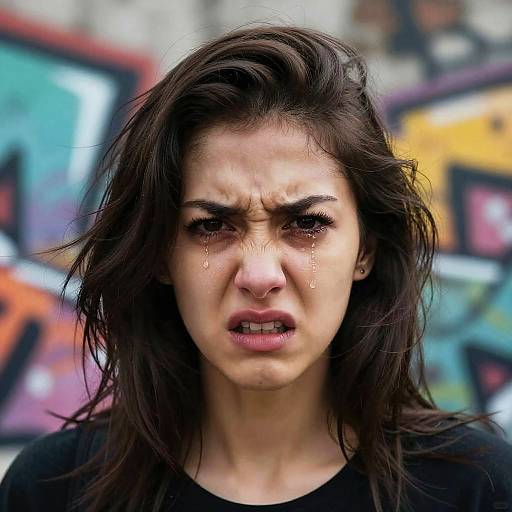 Photograph of a distressed young woman with wet, disheveled dark brown hair, tears streaming down her face, and a pained expression, set