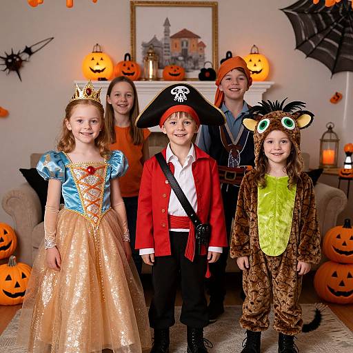 Photograph of four children in Halloween costumes: princess, pirate, pirate girl, and animal, with carved pumpkins and spooky decorations in the background.
