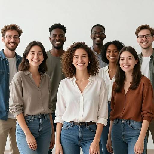 Photograph of eight smiling, diverse group of friends standing closely together, wearing casual clothes, white and brown shirts, blue jeans, against a plain white