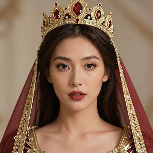 Photograph of an Asian woman with long black hair, wearing a gold and red jeweled crown and veil, with a serious expression. Background is blurred