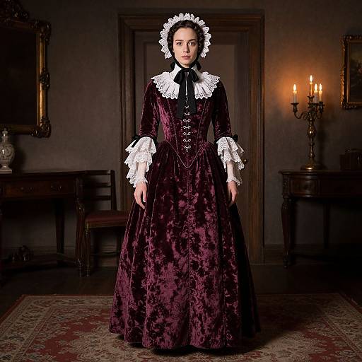 Photograph of a woman in a Victorian-style, deep purple velvet gown with white lace trim, standing in a dimly lit, ornate room with
