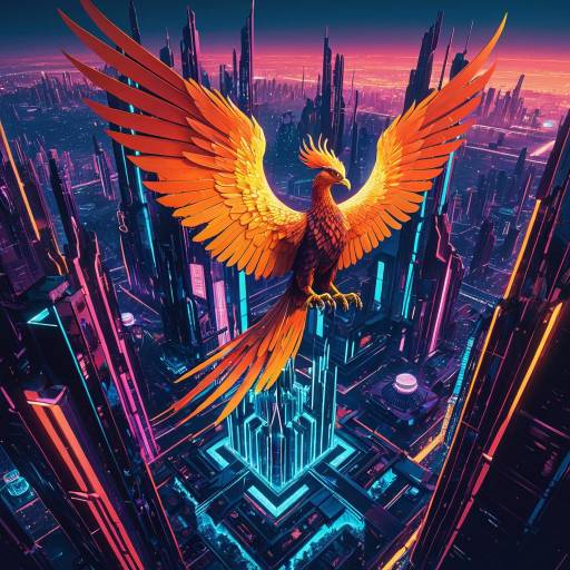 Phoenix Soaring Over Futuristic Neon Cityscape