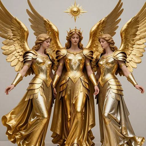 Photograph of three golden-winged angelic women in ornate, metallic golden armor and flowing dresses, standing together with a radiant sun symbol above their