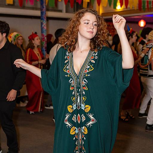 Photograph of a curly-haired woman in a black, embroidered robe dancing in a colorful, festive street carnival at night.