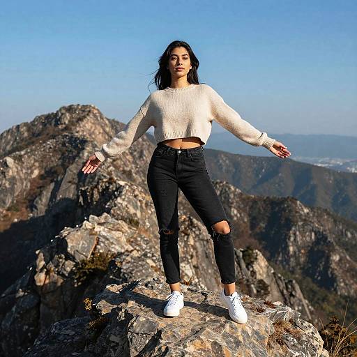 Young Woman Standing on Rocky Mountain Peak