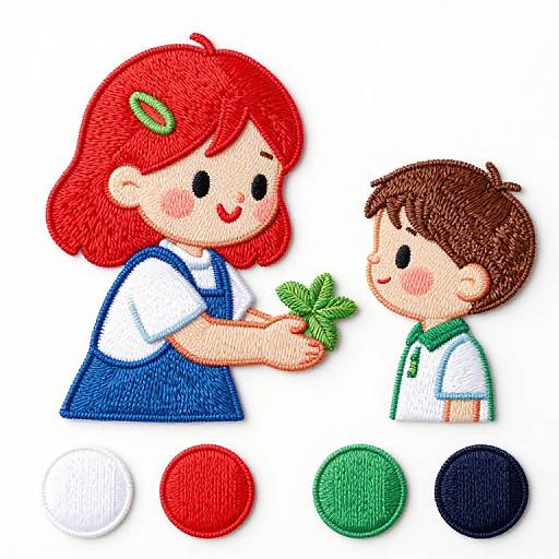 Colorful embroidered illustration of a red-haired girl with green hairclip giving green yarn to a brown-haired boy in green and white.
