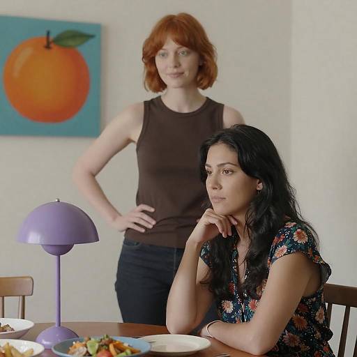 Two Women at Dining Table with Fruits and Lamp