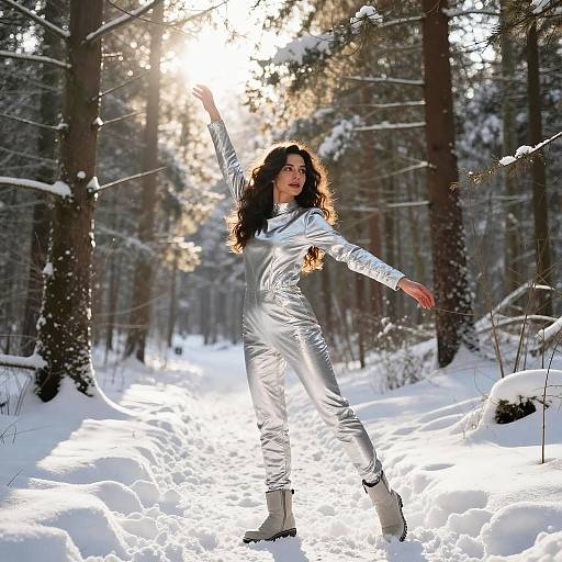 Photograph of a woman with long dark hair, wearing a silver metallic jumpsuit and white boots, dancing in a snowy forest with sunlight filtering through trees