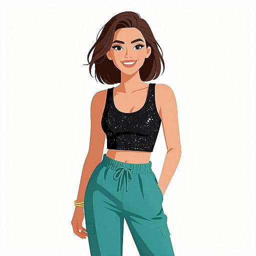 Smiling Woman in Casual Sequin Outfit