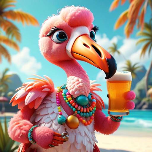 Playful Flamingo Character at the Beach