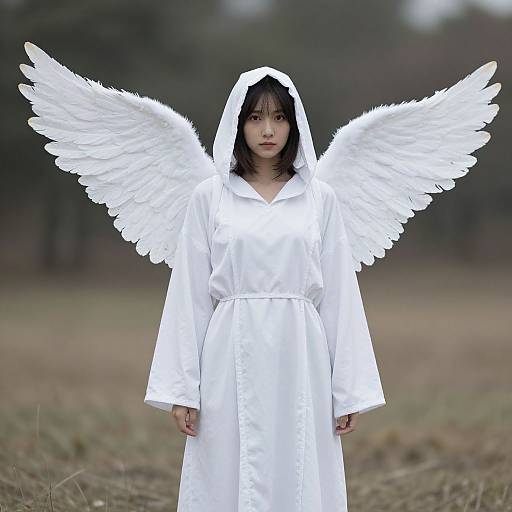 Photograph of an Asian woman with black hair, wearing a white angelic robe and large white wings, standing in a blurred, grassy field.