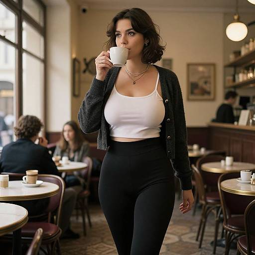 Photograph of a curvy woman with dark wavy hair, wearing a white tank top, black cardigan, and high-waisted black pants
