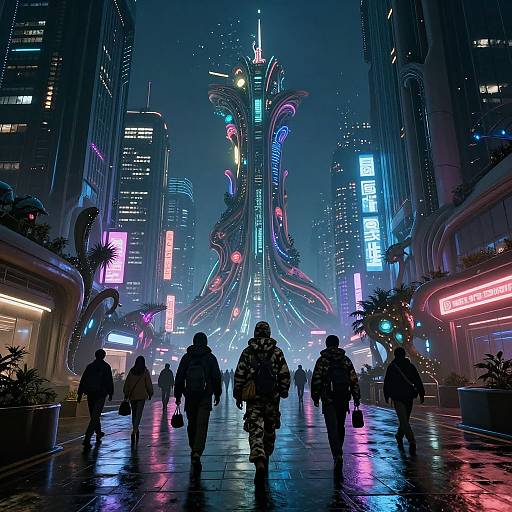 Neon-lit, cyberpunk cityscape at night with silhouetted pedestrians walking towards a glowing, tentacle-like skyscraper. Vibrant