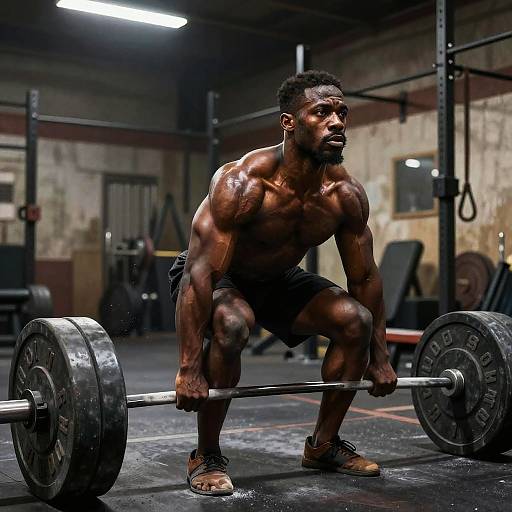 Photograph of a muscular, dark-skinned Black man with short curly hair, squatting with a heavy barbell in a dimly lit, gr