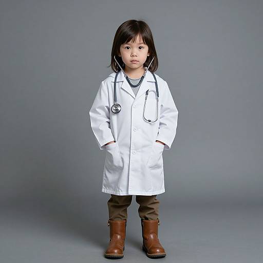 Photograph of an Asian young girl with straight black hair, wearing a white doctor's coat, brown pants, brown boots, and a stethoscope