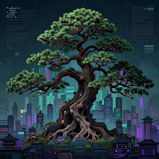 Cyberpunk Bonsai Cityscape Infographic