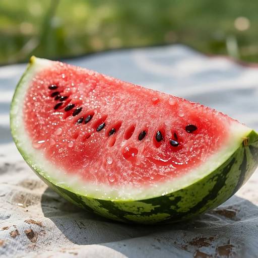 Photograph of a juicy, bright red watermelon slice with black seeds, green rind, and droplets of water, set on a sunlit