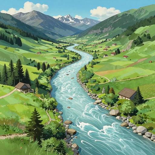 Digital artwork of a vibrant, winding river flowing through a lush, green valley with scattered houses, pine trees, and snow-capped mountains under a bright