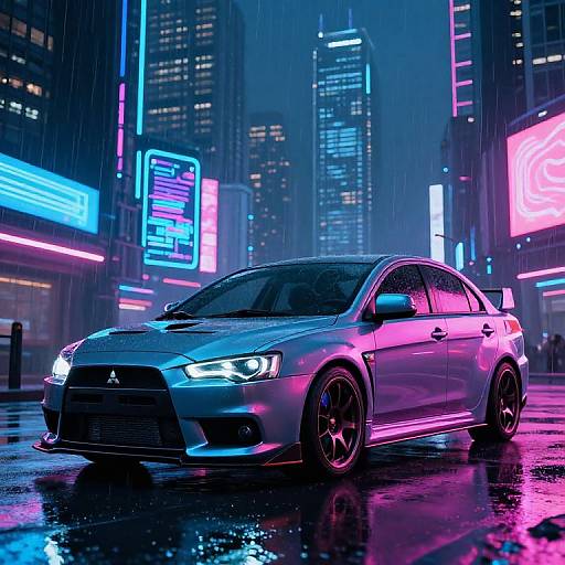 Photorealistic CGI of a silver, low-slung, LED-accented sports sedan driving through a neon-lit, rainy cityscape at night
