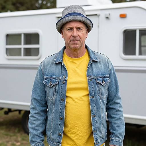 Middle-aged man with light skin, wearing a gray fedora, blue denim jacket, and bright yellow shirt, stands in front of a white RV.