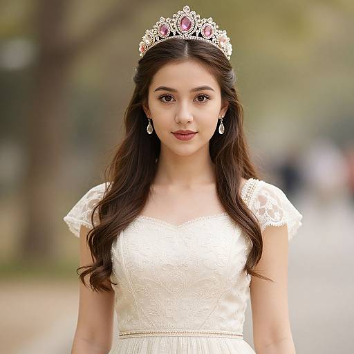 Photograph of a young woman with long brown hair, wearing a white lace dress, silver tiara with pink gems, and dangling earrings, standing outdoors