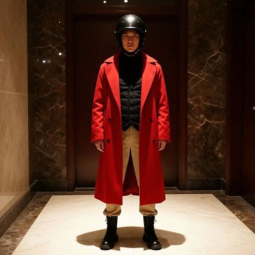 Person in Red Coat Marble Hallway