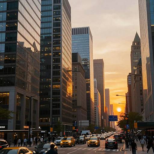 Photograph of a bustling urban street at sunset, featuring tall glass buildings with reflections, yellow taxis, pedestrians, and a vibrant orange sky.