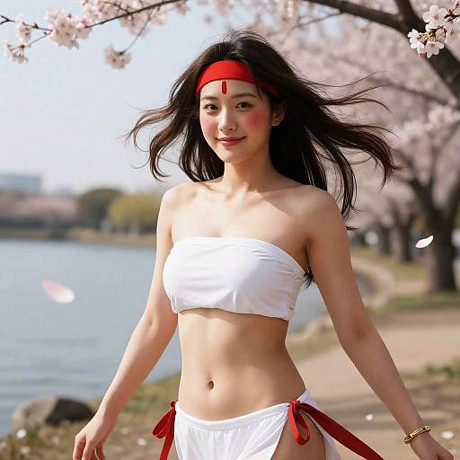 Smiling Woman in White Bikini by Cherry Blossom Lake