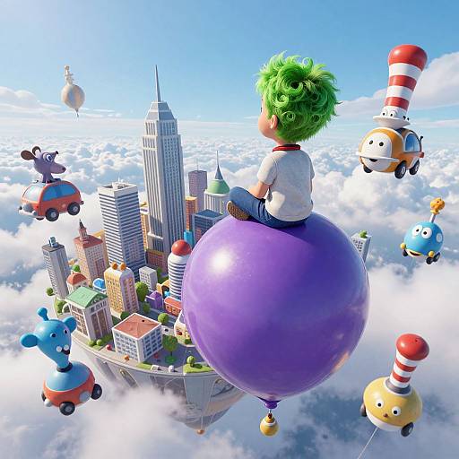 Digital CGI: Green-haired child with large purple balloon, flying above whimsical city, surrounded by colorful, balloon-like vehicles, cloudy sky background.