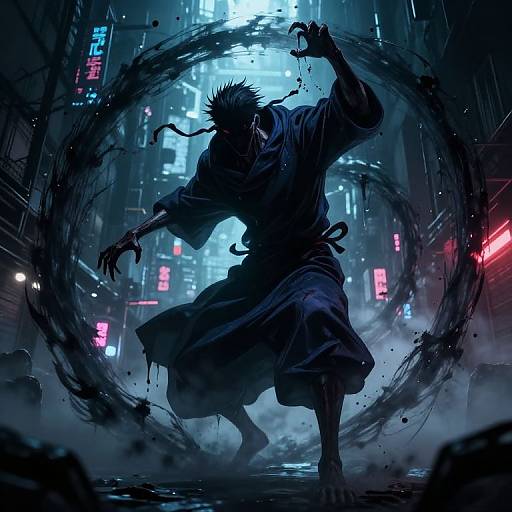 Digital artwork of a silhouetted, martial arts-wearing figure with wild hair, casting a dark energy circle in a neon-lit, cyber