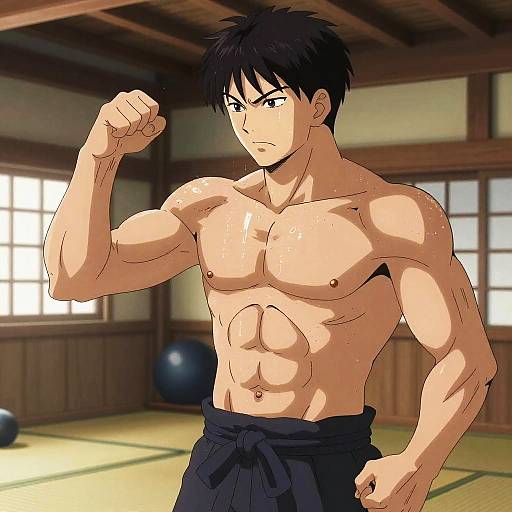 Anime-style illustration of a muscular, shirtless young man with black hair, flexing his right arm in a traditional Japanese room.