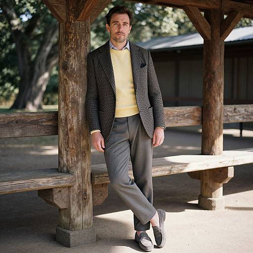 Photograph of a man with short dark hair, mustache, wearing a black checkered blazer, yellow sweater, gray pants, and black-and