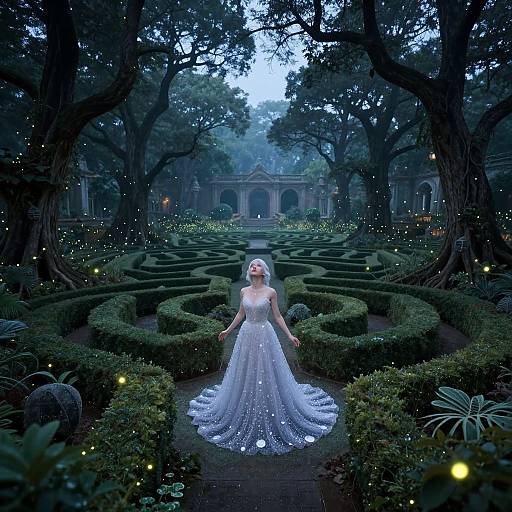 Photograph of a fair-skinned bride in a sparkling white gown standing in an enchanted, twilight garden maze with fireflies and tall trees.