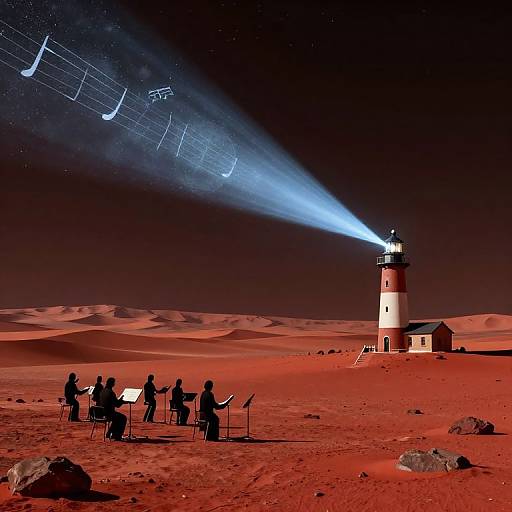 Photograph of a red desert lighthouse at night, beam projecting musical notes onto the sand, musicians with instruments standing below.