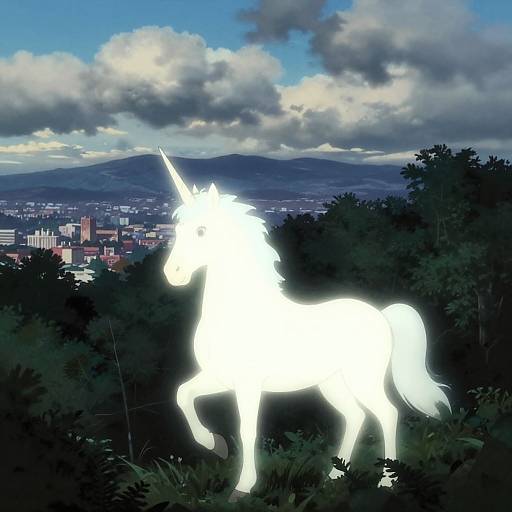 Digital art: Bright white, glowing unicorn silhouette in foreground, standing on a hill, with a cityscape and mountain range under a cloudy blue sky in