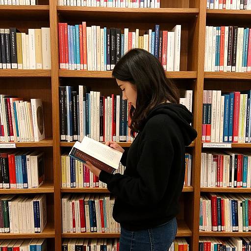 Photograph of a young woman with long dark hair, wearing a black hoodie and blue jeans, reading a book in a wooden library with colorful booksh