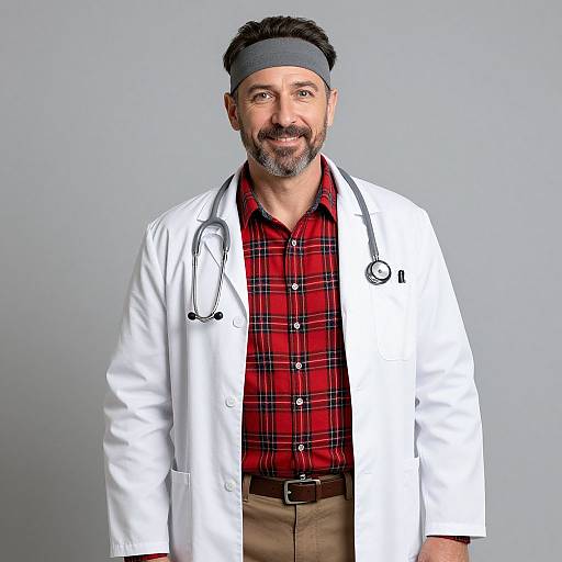 Photograph of a middle-aged, bearded man with dark hair, wearing a gray headband, white lab coat, red plaid shirt, and