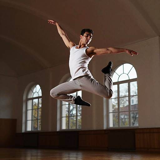 Male Dancer Mid-Leap in Gymnasium