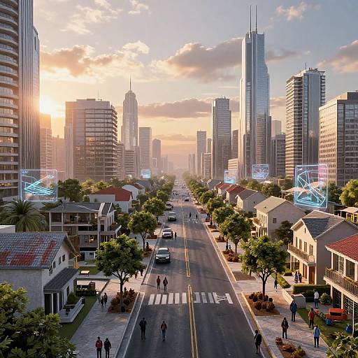 Photorealistic CGI of a modern urban street at sunset, featuring tall skyscrapers, illuminated neon signs, small houses, pedestrians, and trees lining