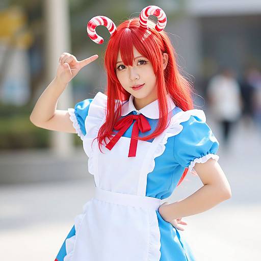 Photograph of an Asian woman with red hair, wearing a blue and white Alice in Wonderland cosplay dress, red bow, candy cane horns, pointing with
