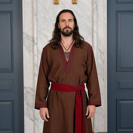 Bearded Man in Brown and Red Outfit