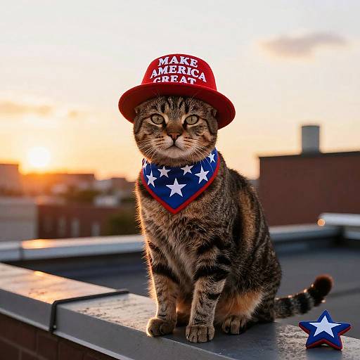 Photograph of a tabby cat wearing a red 