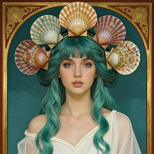 Digital artwork of a teal-haired woman with seashell crown, wearing a white off-shoulder dress, against a dark blue background.